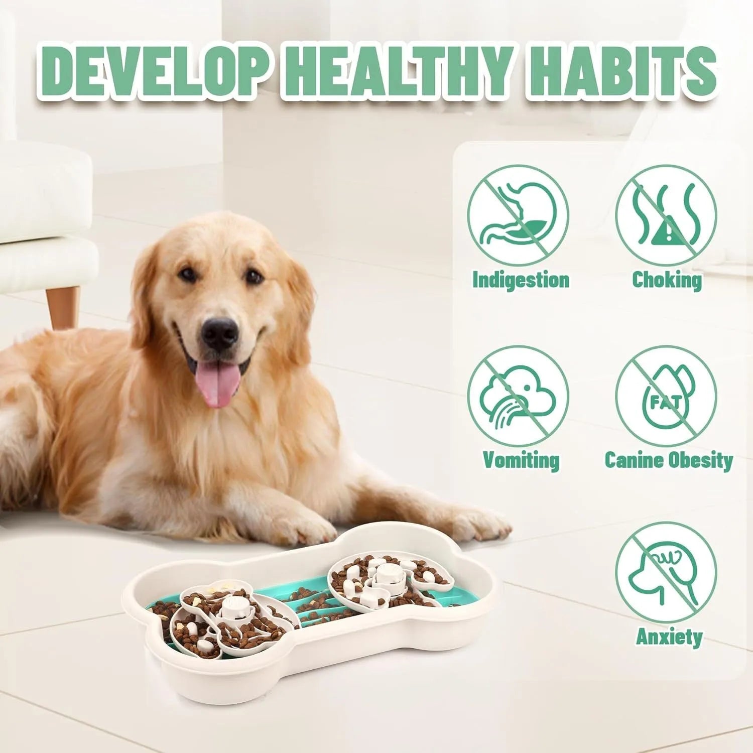 Large yellow slow feeder dog bowl with three-tier maze pattern for golden retrievers and big breeds