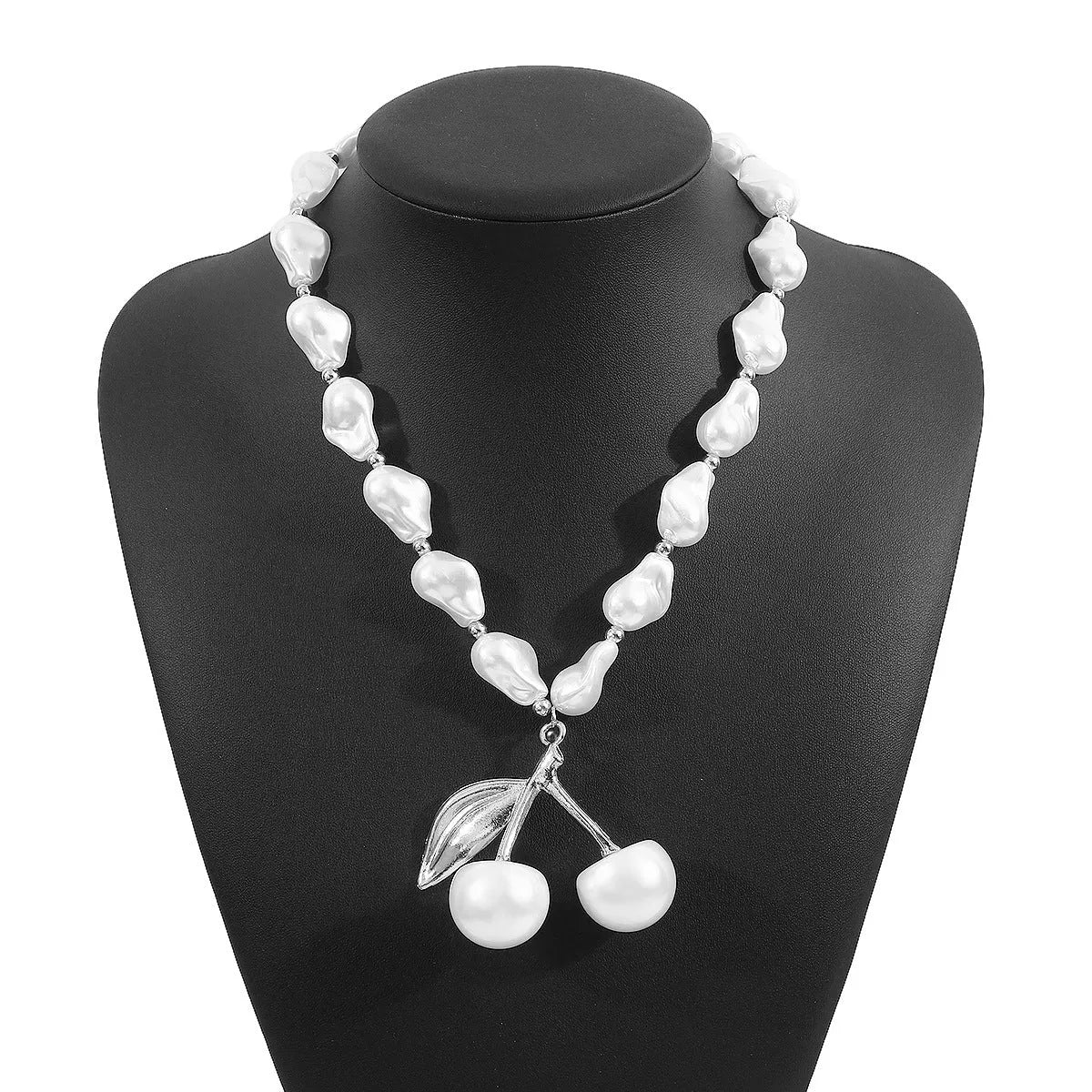 Creative cherry fruit necklace for women with adjustable pearl chain in gold or white K electroplated finish