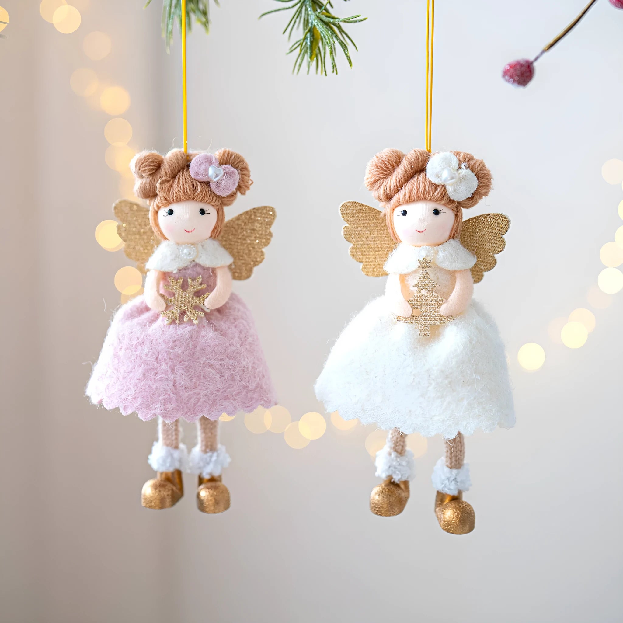 Pink and white cloth Christmas angel wings plush pendant with modern design and hanging cord