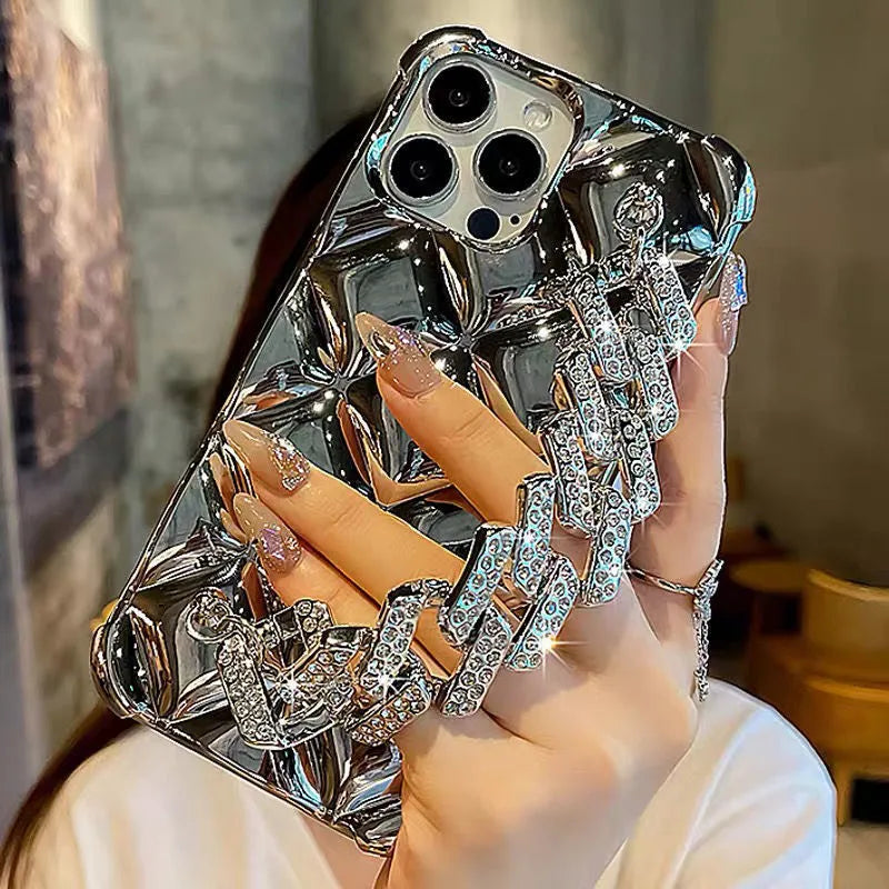 Luxury diamond bracelet iPhone case with decorative chain and flash diamond lock design