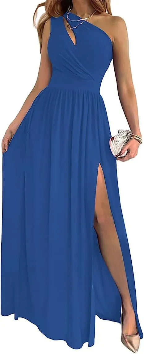 Women's apricot one shoulder sleeveless maxi dress with cutout and high split design.