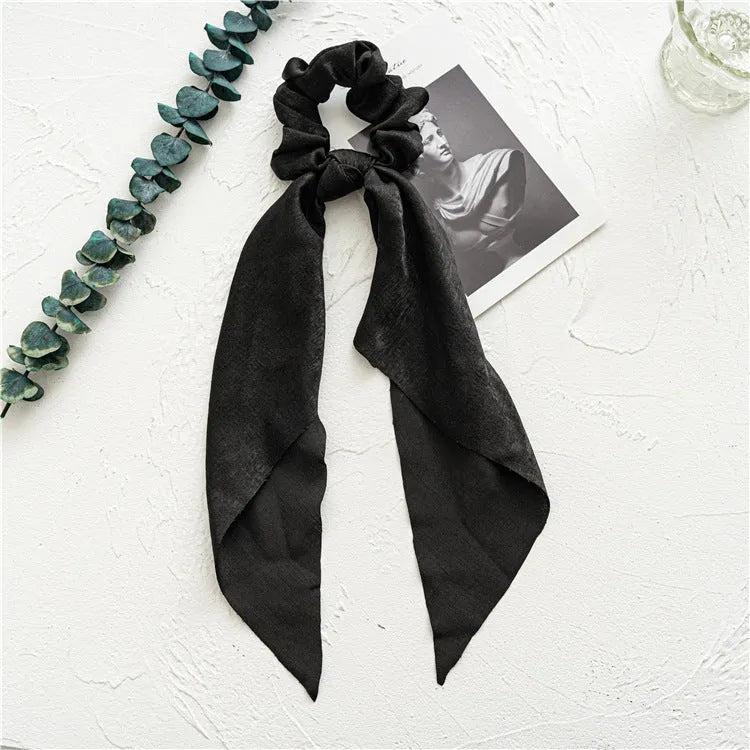 Spring dark green cloth hair band with large intestine ring shape and long ribbon for ponytail or headwear.