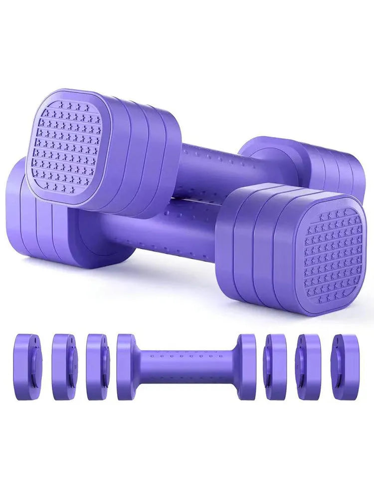 Detachable pink and blue 5lb dumbbell set for women's fitness training.