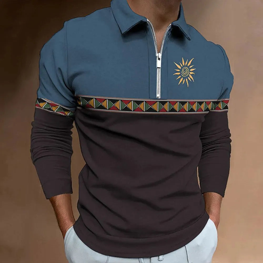 Men's loose fit long sleeve t-shirt with retro colour printing and zipper decorations on textured fabric.