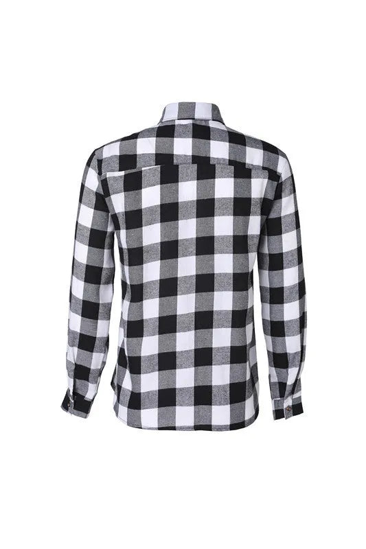Men's black and white check long-sleeved shirt with lapel collar and double chest pockets