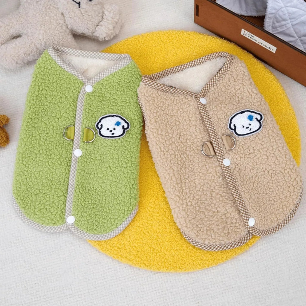 Green dog sweatshirt vest with coral fleece lining and leash ring for small pets