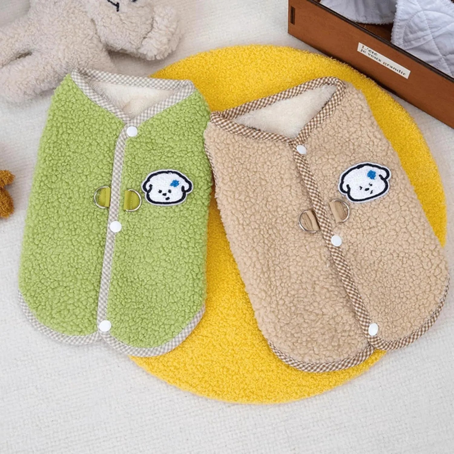 Green dog sweatshirt vest with coral fleece lining and leash ring for small pets