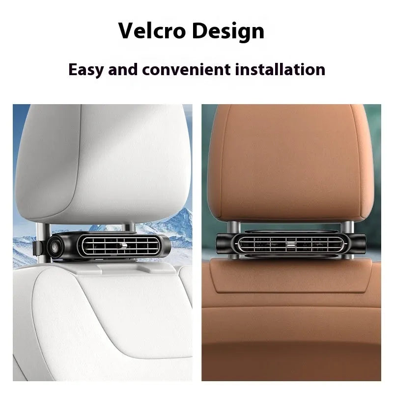 USB car fan mounted on car seat with velcro attachment, showing 3-speed button control