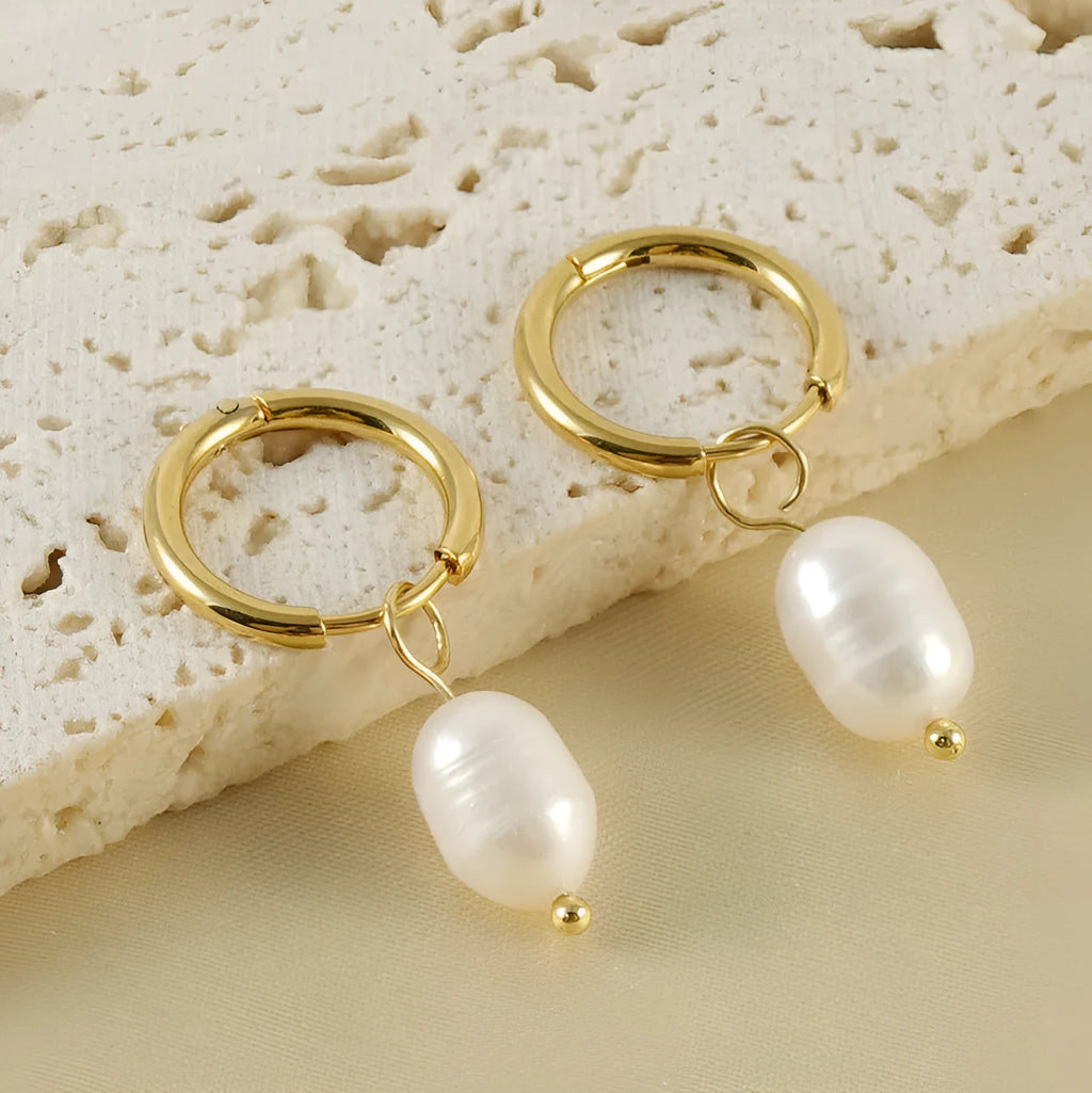 Gold geometric earrings with pearl accents and titanium steel posts for women
