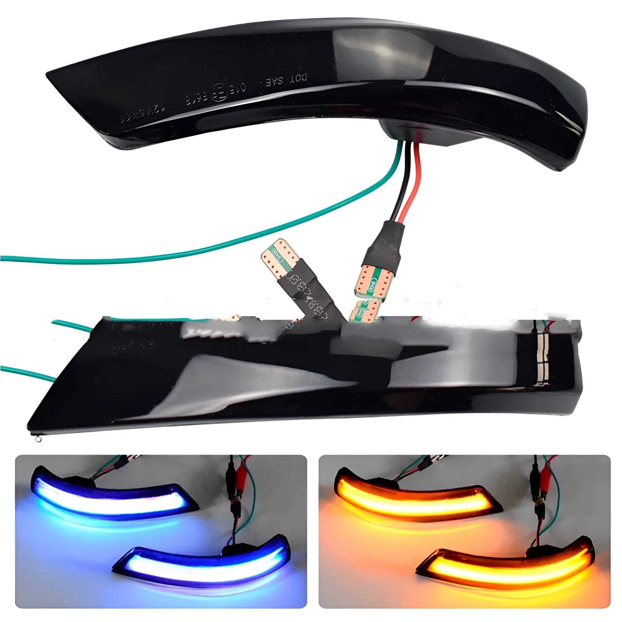 Ford Focus and Mondeo rearview mirror LED waterfall light in blue and yellow two-tone or single yellow.