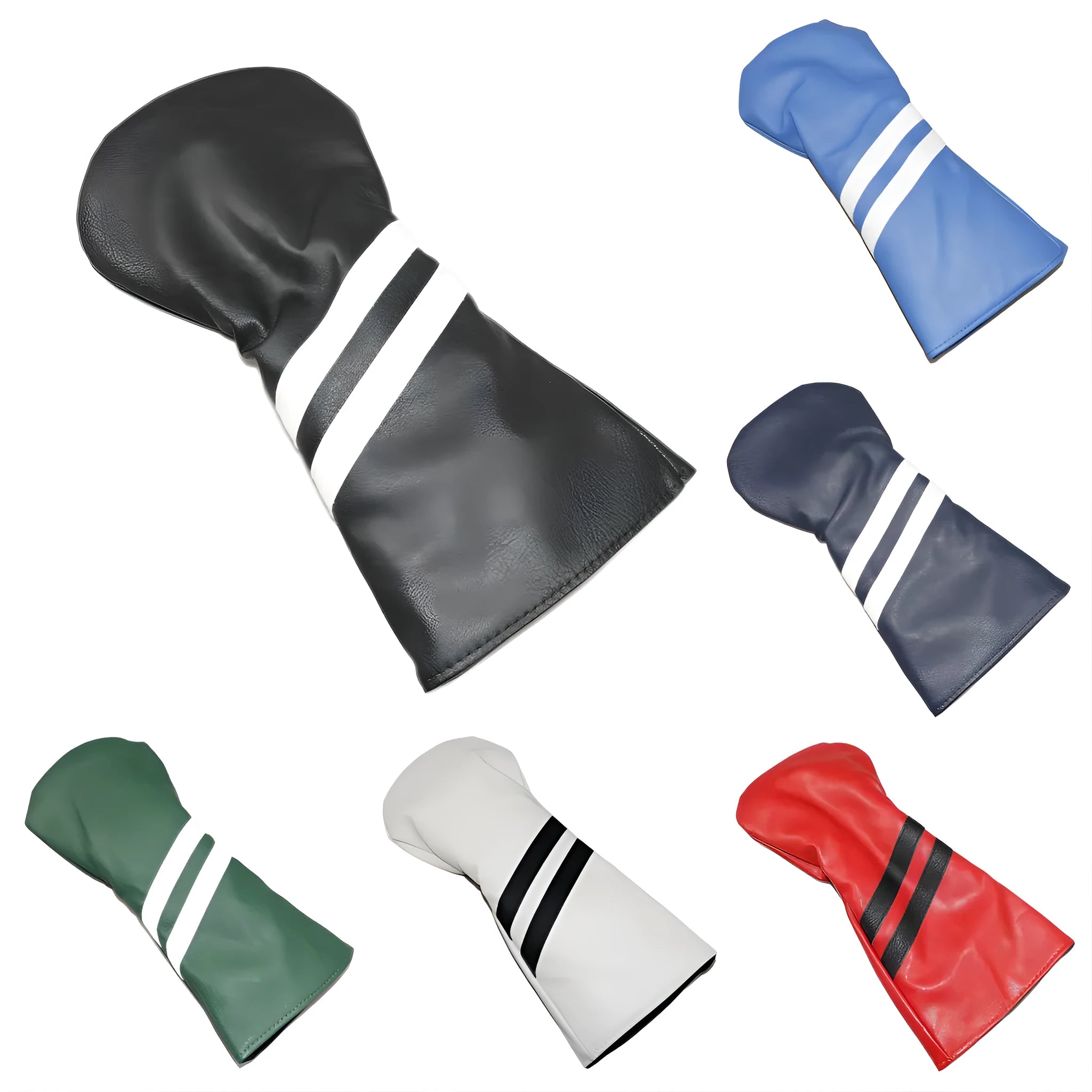 Striped golf club head cover in multiple colours showing three size options for wood rod protection