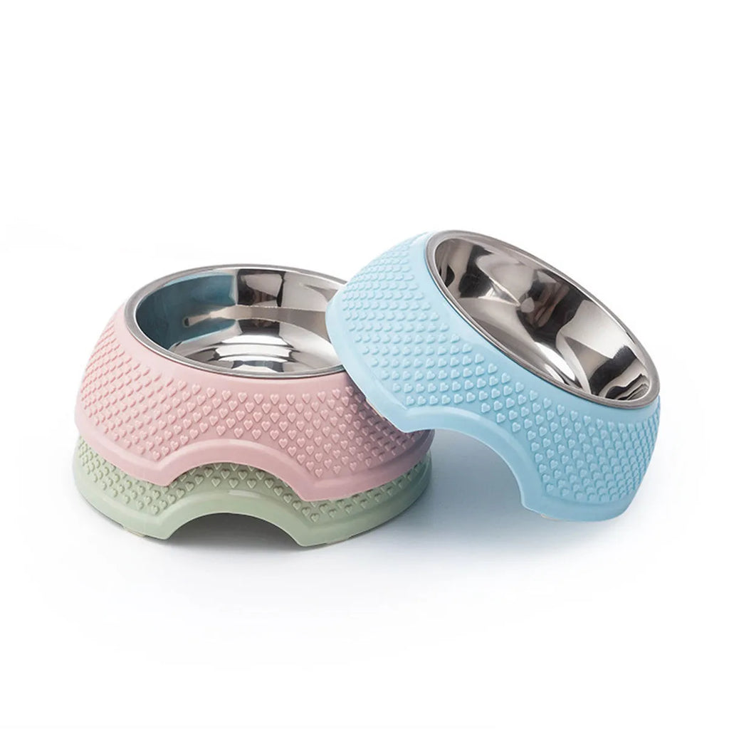 Set of four coloured stainless steel pet bowls with a non-slip base for cats and dogs.
