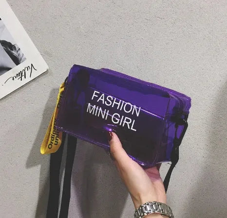Transparent square jelly shoulder bag with adjustable strap showing mobile phone compartment