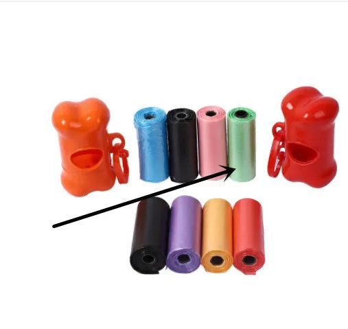 Set of five coloured dog waste poop bags showing black, blue, red, green, pink, and purple options.