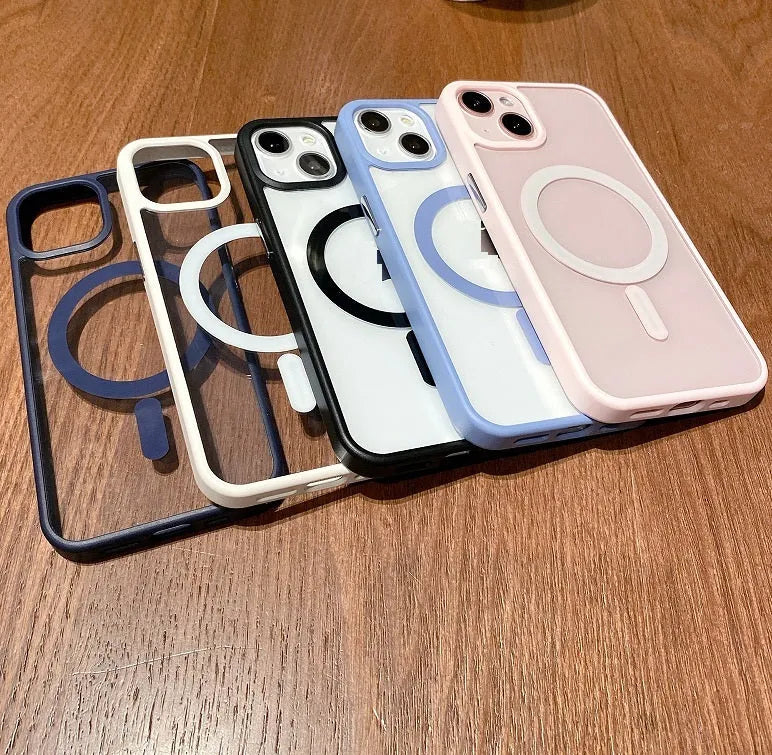 Transparent acrylic MagSafe phone case for iPhone showing magnetic ring and colour options