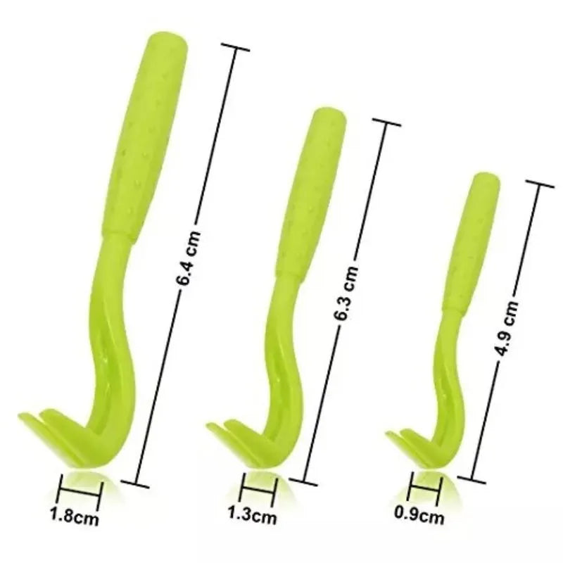 Set of three blue plastic tick removal hooks for pets on a white background.