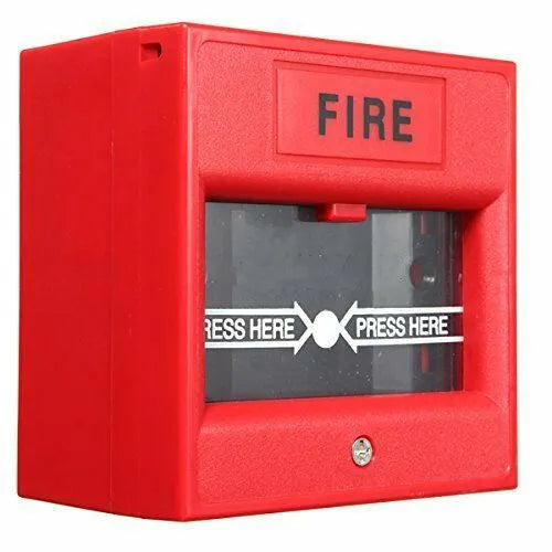 Red wired security button hand breaking glass emergency fire alarm with fireproof material