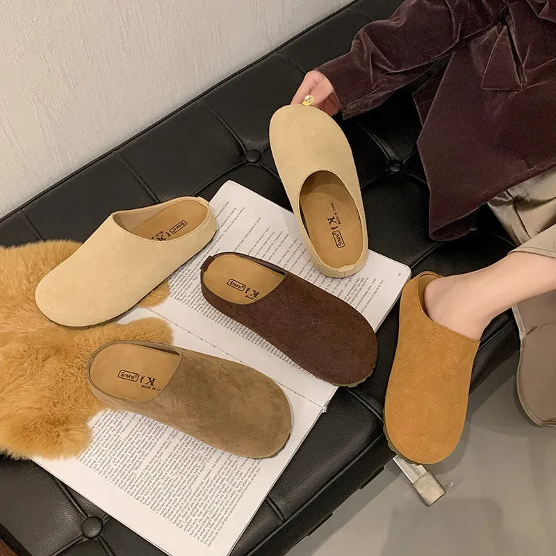 Ugly soft flat Boken slip-on slippers in apricot colour with square toe and microfiber upper