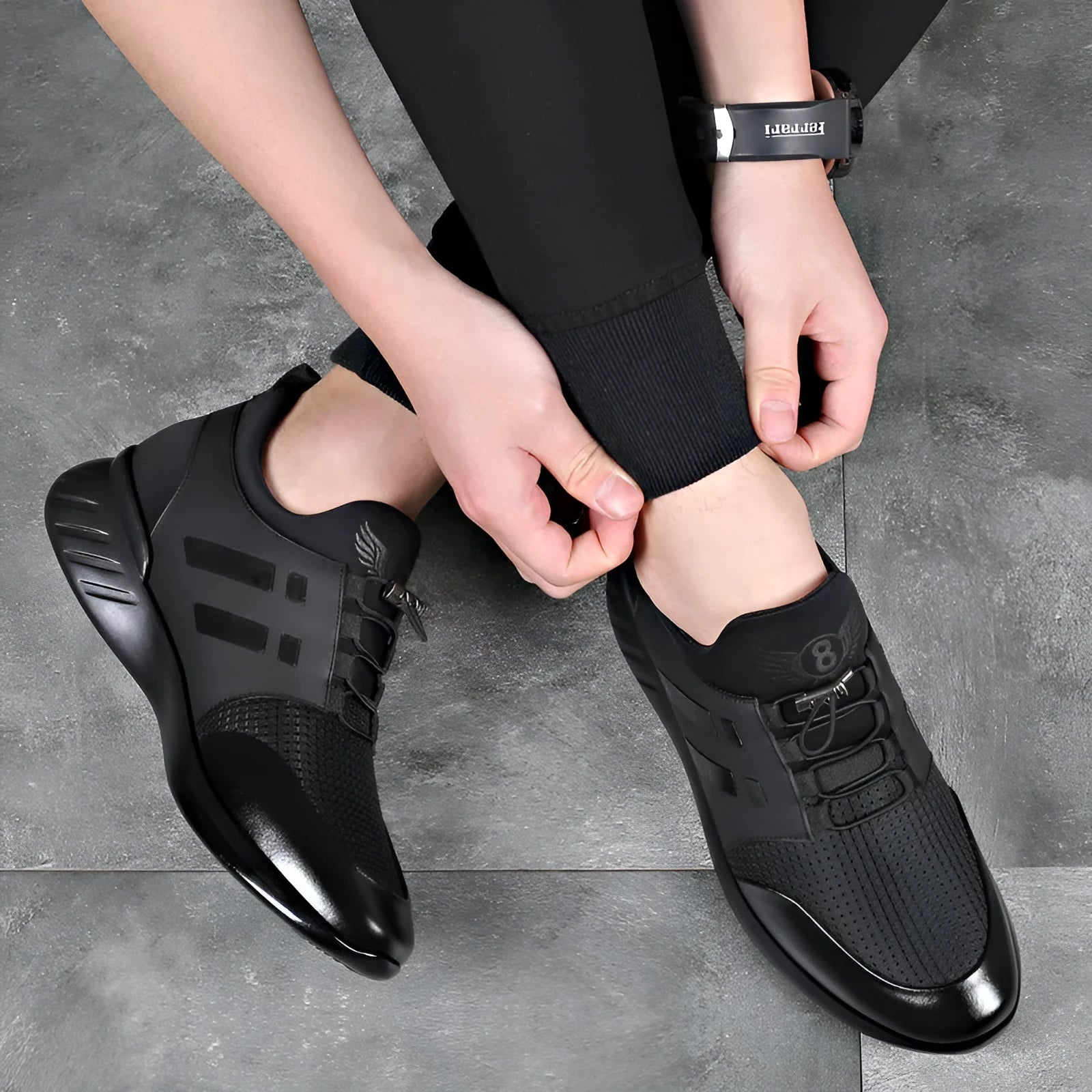 Men's black casual shoes with genuine leather upper and invisible internal height increase heel.