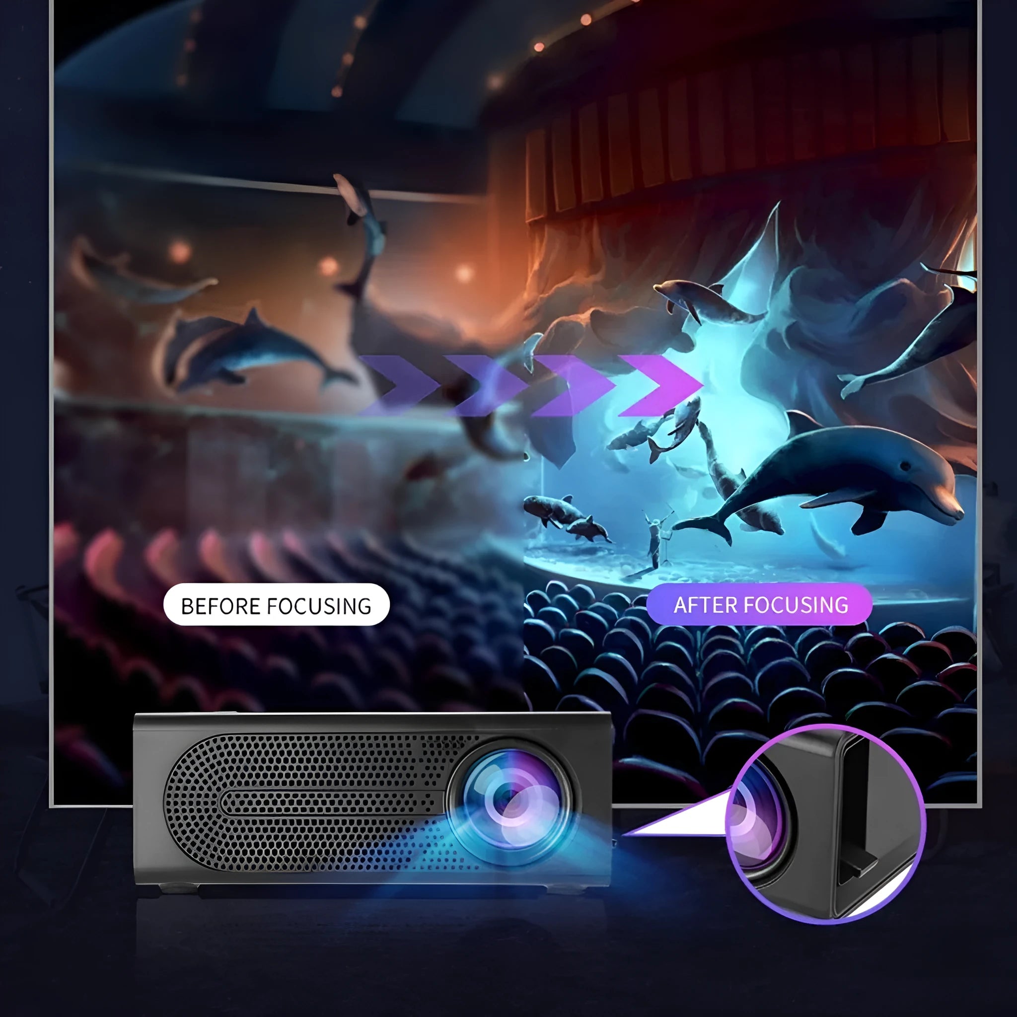 Black and white portable mini projector with wired mobile phone connection and international power plugs