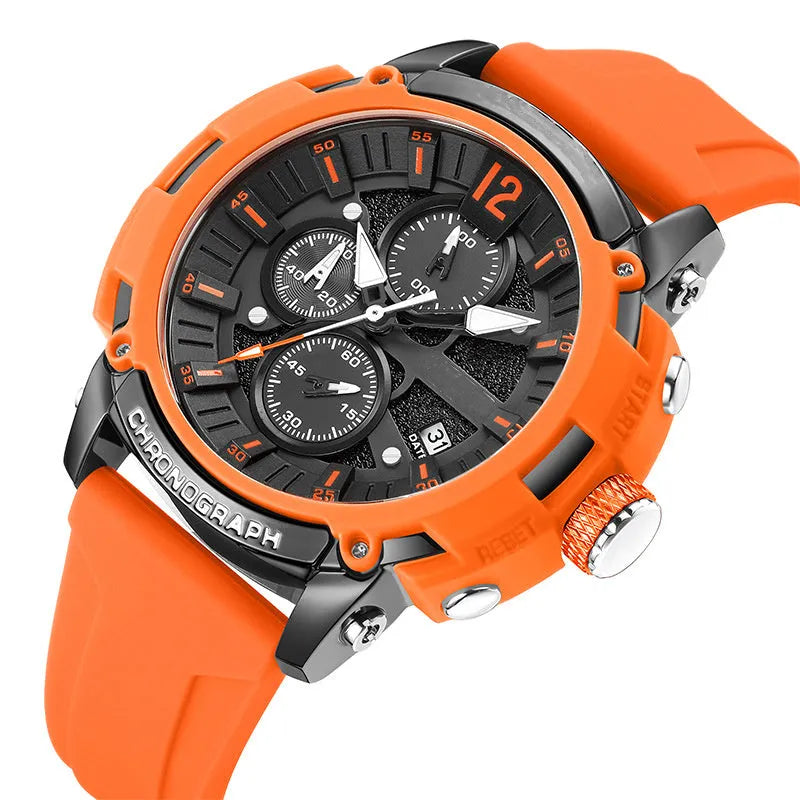 Men's black waterproof quartz watch with 51mm case showing calendar display and night light function