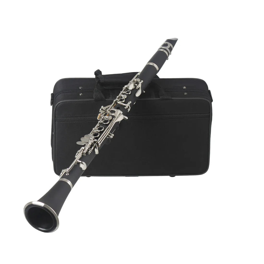 Black Bakelite clarinet with nickel keys and protective carry bag for beginner students