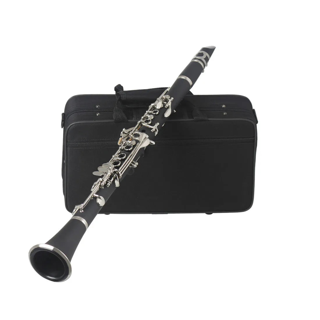 Black Bakelite clarinet with nickel keys and protective carry bag for beginner students