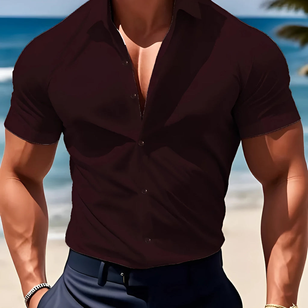 Men's short sleeve printed casual shirt with collar in cardigan style showing colour options