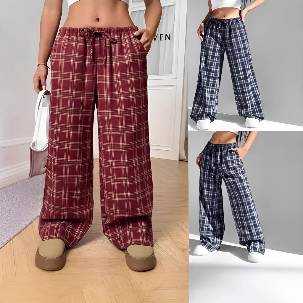 Women's blue and red plaid casual trousers with drawstring waist and side pockets.