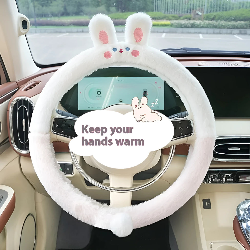 Plush winter car steering wheel cover with embroidered cartoon panda design for 38cm steering wheels.