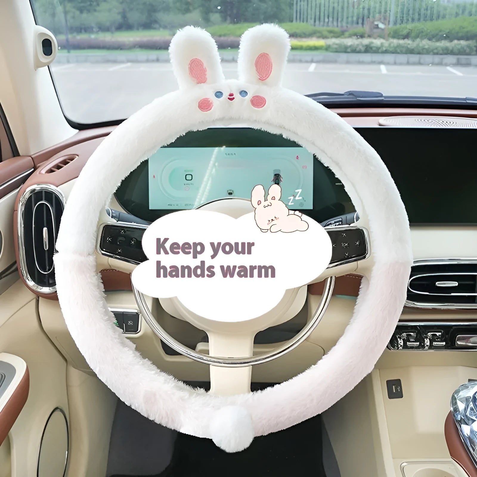 Plush winter car steering wheel cover with embroidered cartoon panda design for 38cm steering wheels.