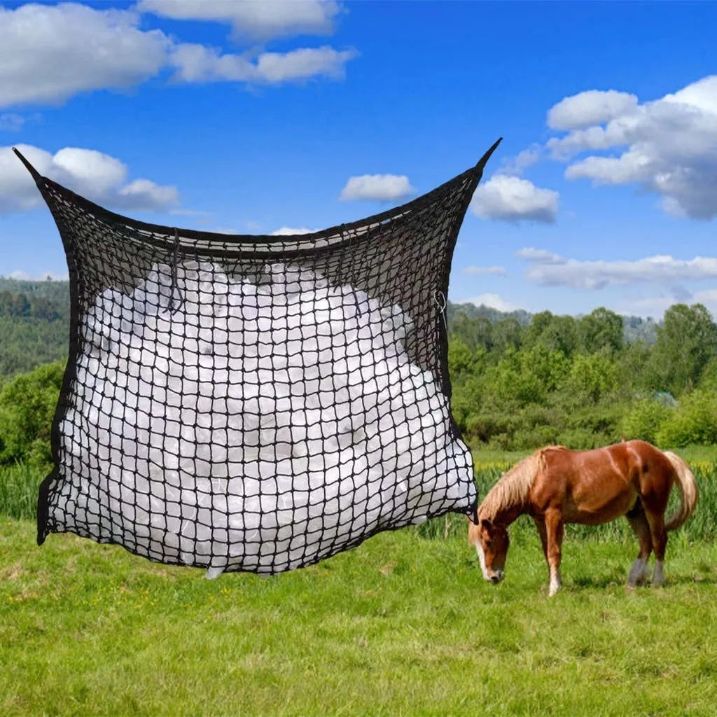 Woven grid horse hanging feeding bag made from black PE rope with open square pattern for livestock feeding