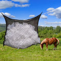 Woven grid horse hanging feeding bag made from black PE rope with open square pattern for livestock feeding