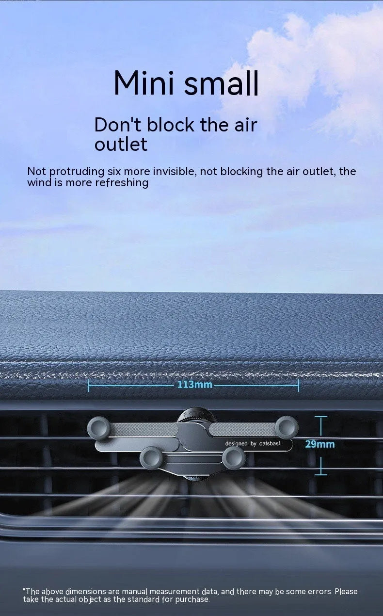 An invisible aluminium alloy phone holder for car air vents, shown in black.