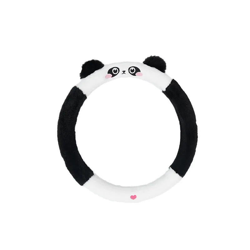 Plush winter car steering wheel cover with embroidered cartoon panda design for 38cm steering wheels.