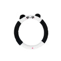 Plush winter car steering wheel cover with embroidered cartoon panda design for 38cm steering wheels.