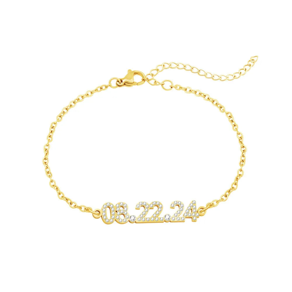 Stainless steel digital bracelet with diamond-studded numbers on the face, shown in a rose gold finish.
