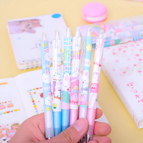 Six black ballpoint pens with cartoon bunny design and 0.5mm tips in packaging