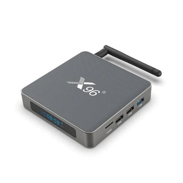 Smart Voice Android TV set-top box with remote control and HDMI cable.