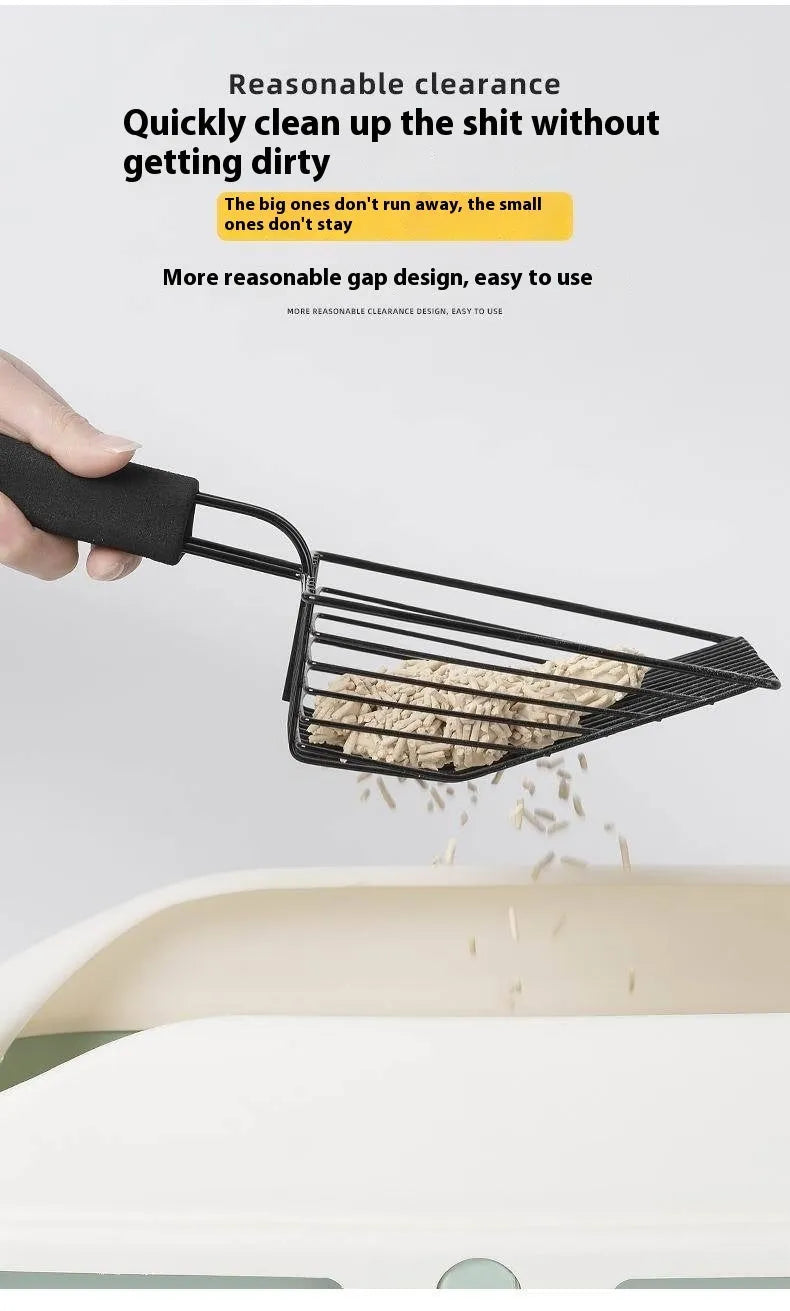 Black metal alloy cat litter scoop with long handle and 0.8cm sifting gap