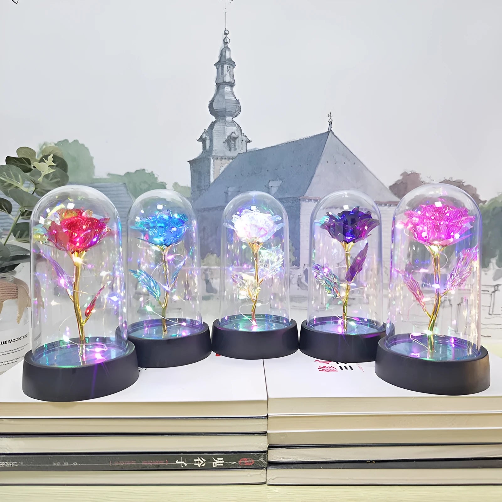 Glass cover small night lamp with plastic flowers in 15cm tall design with black base