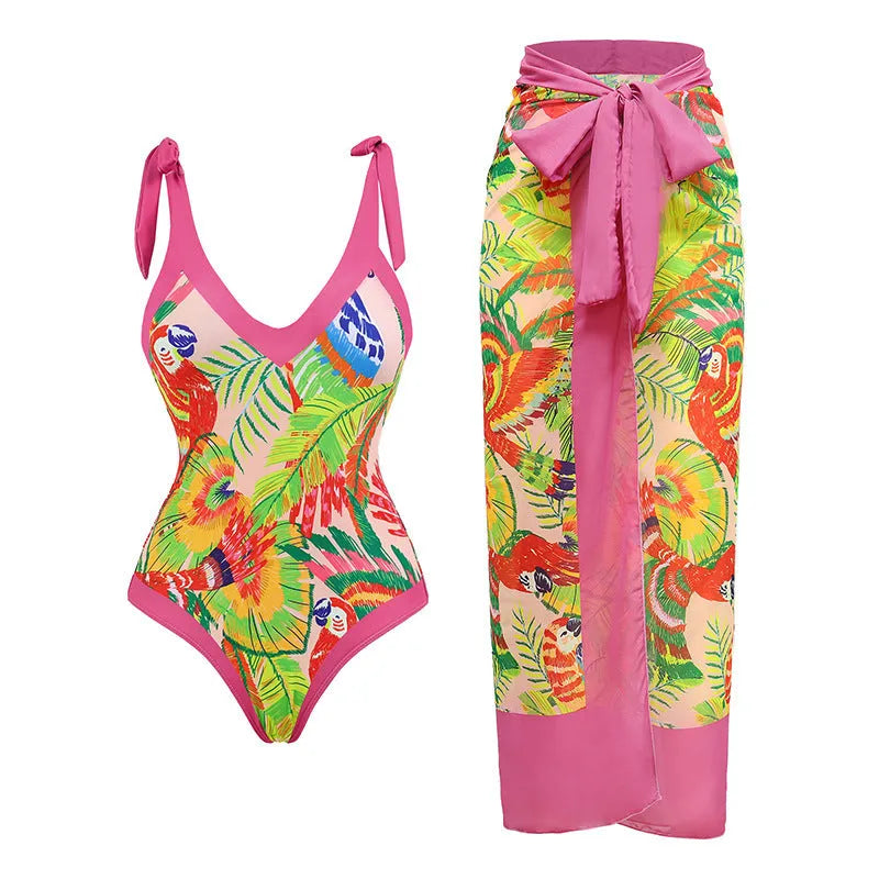 Retro pink floral print one-piece swimsuit with V-neck and covered belly thin skirt design