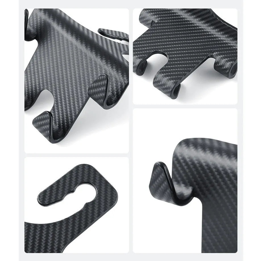 Black ABS plastic car hook with integrated phone holder bracket for rear seat organisation.