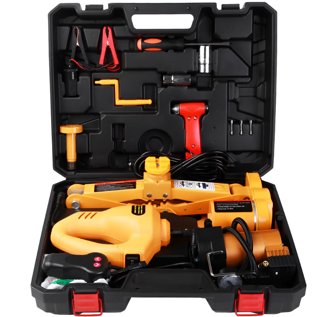 Yellow car electric jack set with electric wrench for 12V vehicle operation