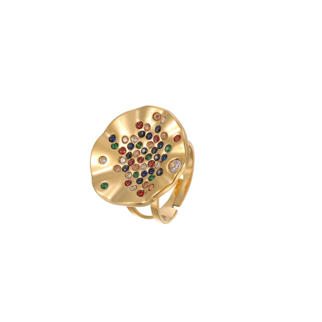Geometric stainless steel ring with colour crystal inlays and open mouth design