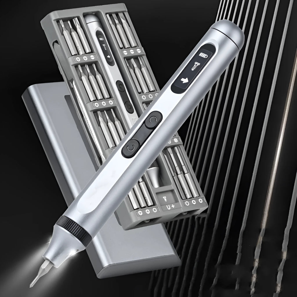 Precision electric screwdriver with aluminium alloy handle, showing compact 134.5mm size.