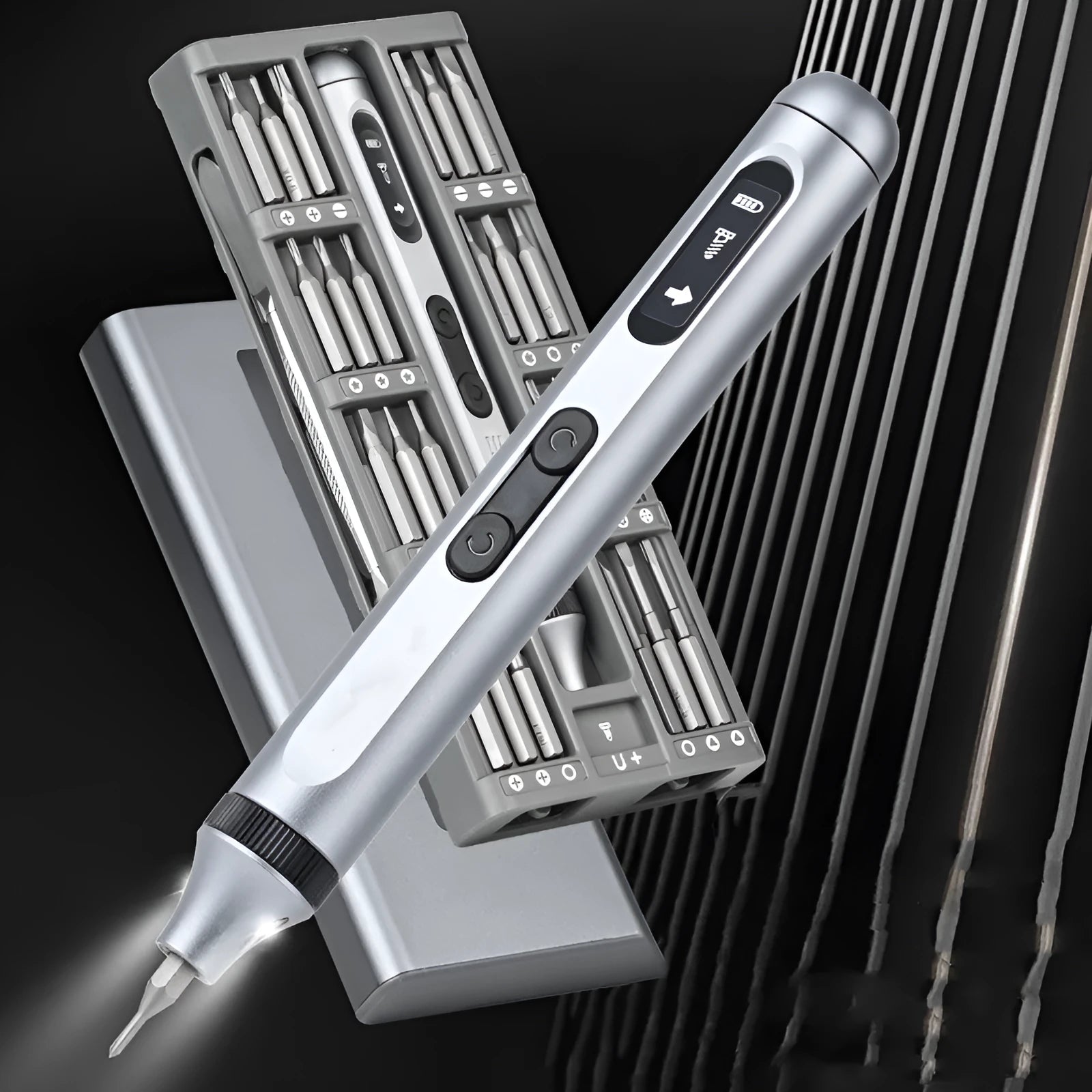 Precision electric screwdriver with aluminium alloy handle, showing compact 134.5mm size.