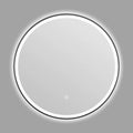 Round black aluminium framed wall mirror with integrated LED lighting and touch controls.
