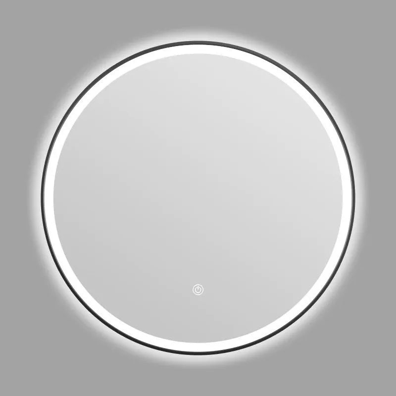 Round black aluminium framed wall mirror with integrated LED lighting and touch controls.