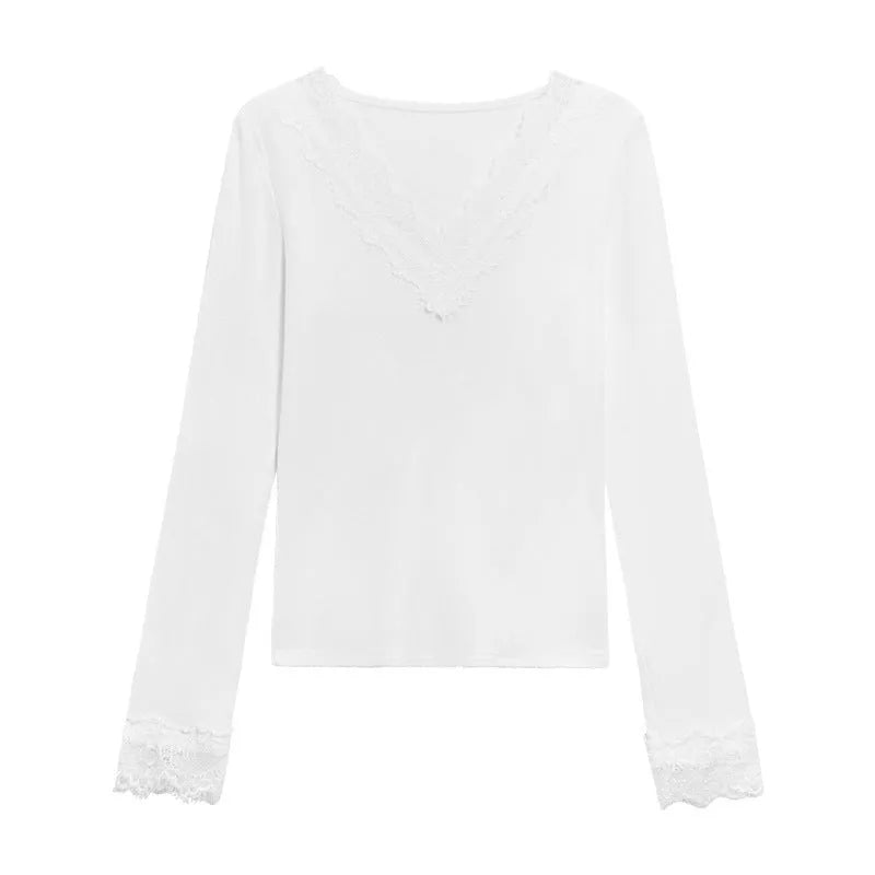 White V-neck Dralon lace stitching brushed long sleeve top for women, slim fit polyester knit